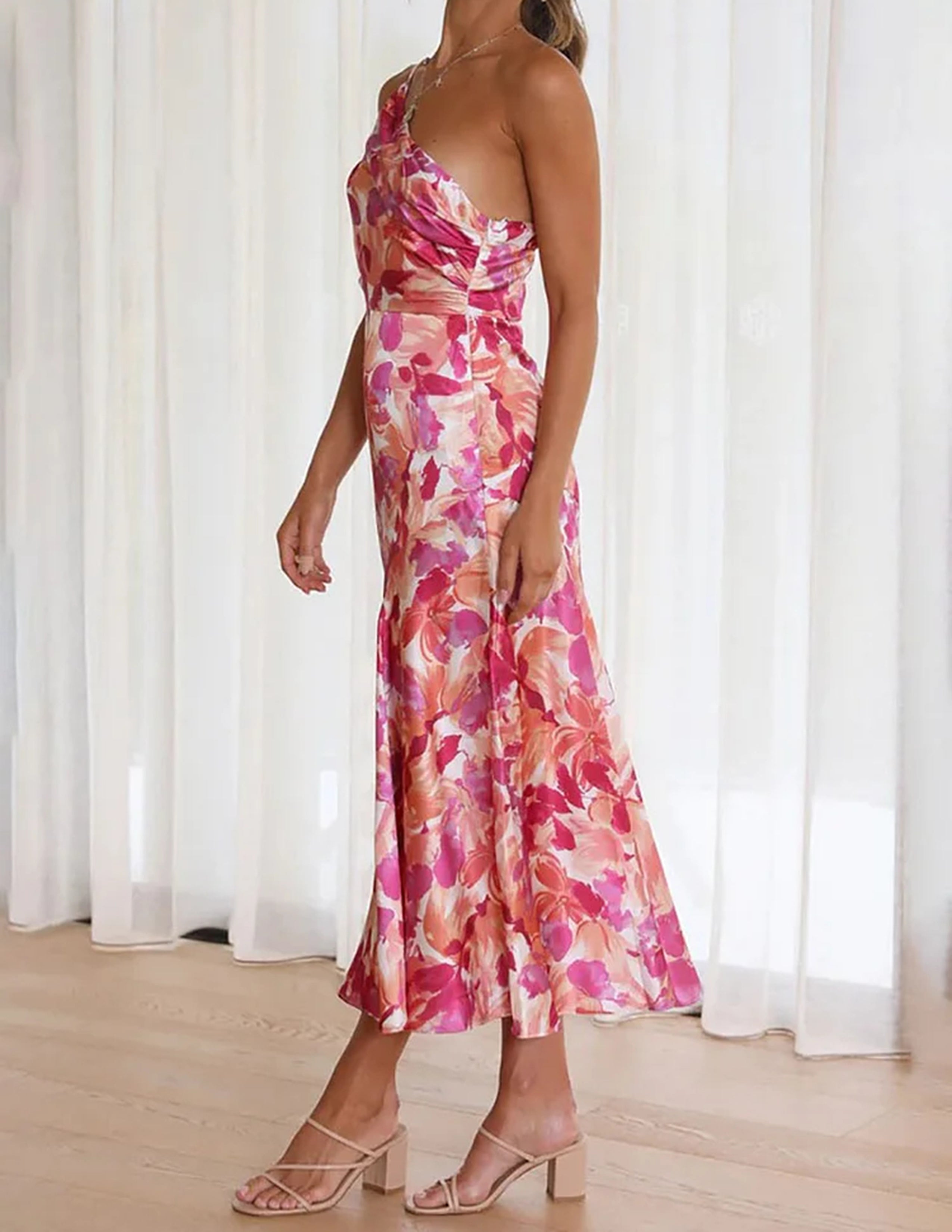 Azalea - Pink Floral One Shoulder Ruched Satin Dress