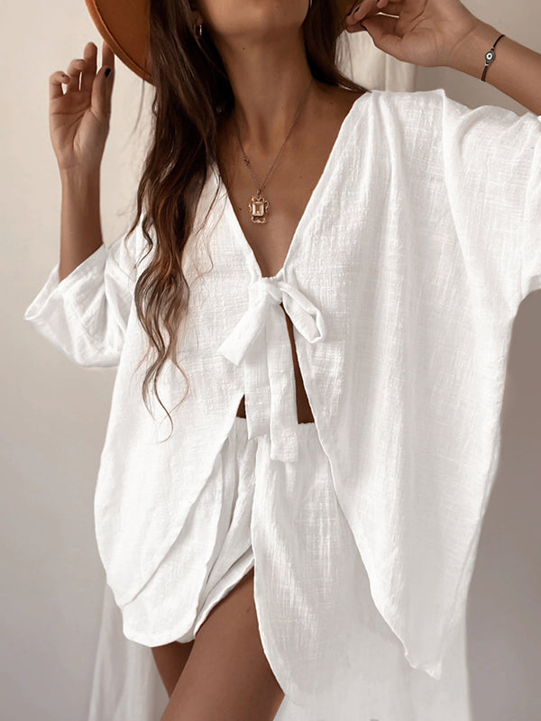 Half Sleeves Solid Color Tied V-Neck Shirts Top + High Waisted Elasticity Shorts Bottom Two Pieces Set