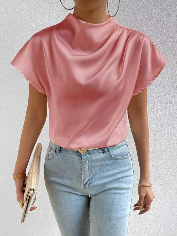 Loose Short Sleeves Pleated Solid Color Mock Neck T-Shirts Tops