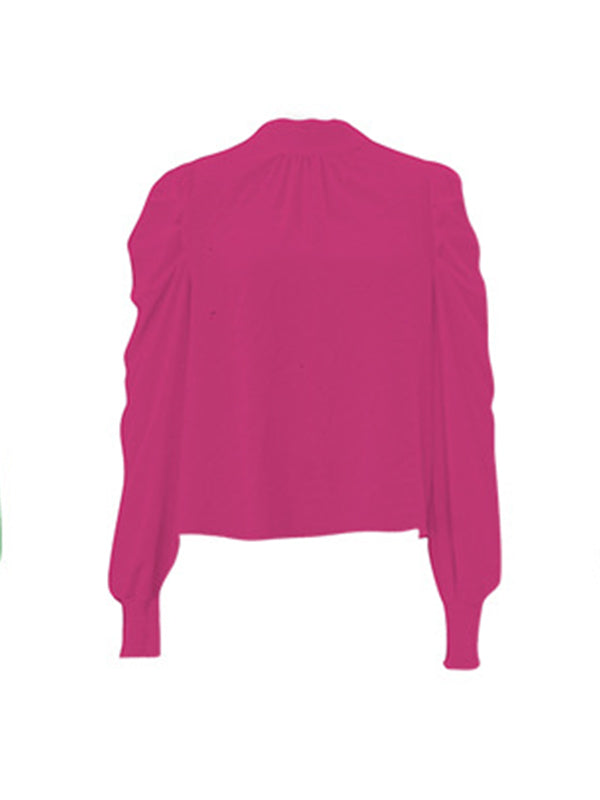 Casual Long Sleeves Puff Sleeves Pleated Solid Color Half Turtleneck Blouses&Shirts Tops