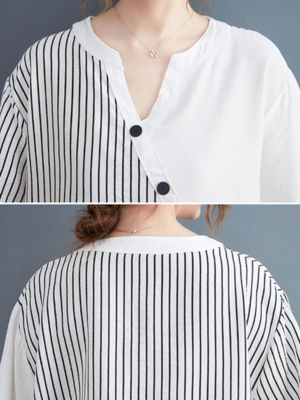 Simple Loose Asymmetric Striped V-Neck Blouse