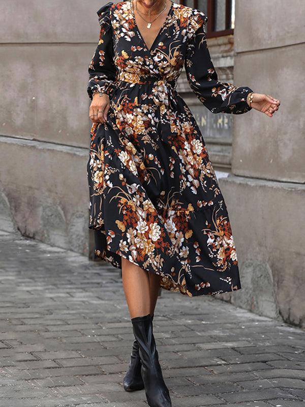 Loose Puff Sleeves Flower Print Pleated Split-Joint Tied Waist V-Neck Midi Dresses Shirt Dress