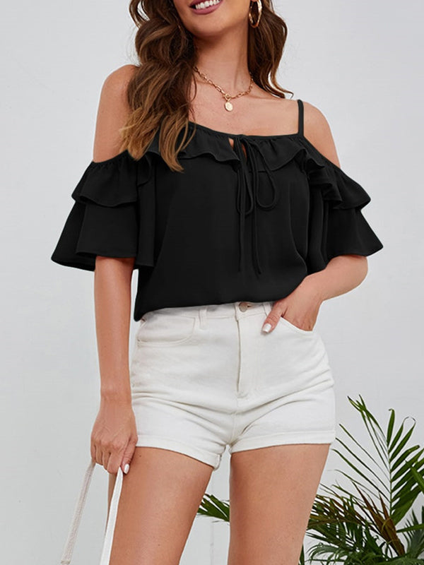 Half Sleeves Loose Ruffle Trim Solid Color Tied Off-the-shoulder Blouses&shirts Tops