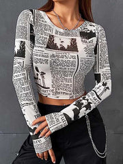 Long Sleeves Skinny Letter Print Round-Neck T-Shirts Tops