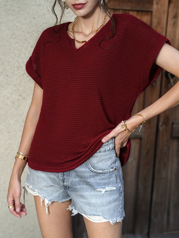 Loose Raglan Sleeve Solid Color V-Neck T-Shirts Tops