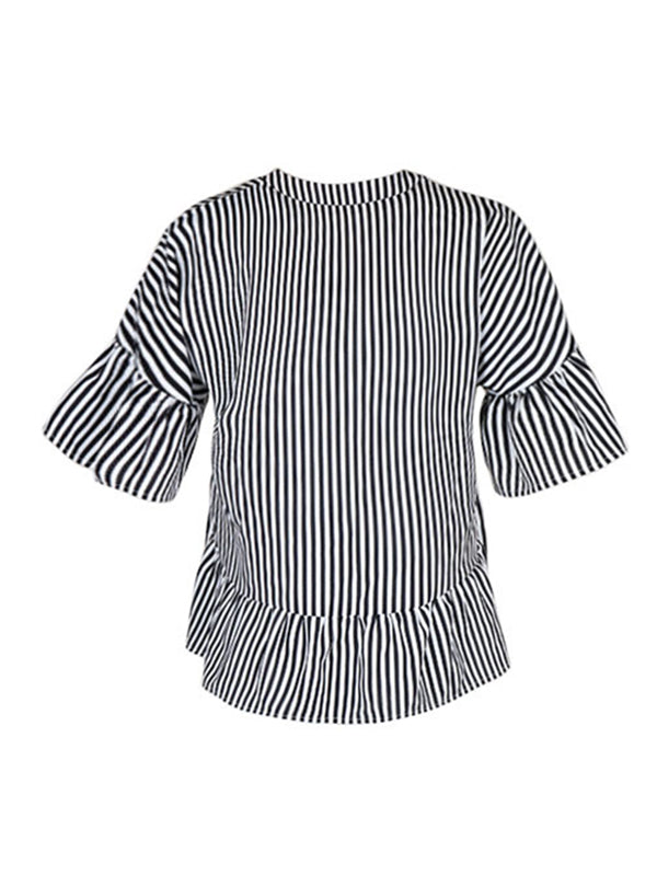 Loose Raglan Sleeve Asymmetric Falbala Pleated Split-Joint Striped Tiered V-Neck Blouses&Shirts Tops