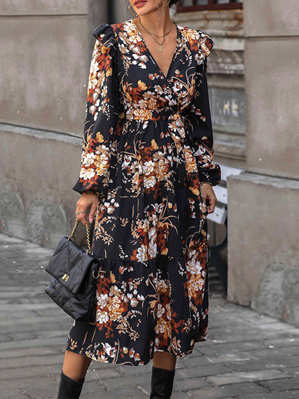 Loose Puff Sleeves Flower Print Pleated Split-Joint Tied Waist V-Neck Midi Dresses Shirt Dress