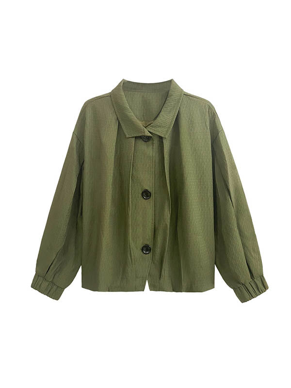 Long Sleeves Loose Buttoned Elasticity Pleated Stand Collar Jackets Outerwear