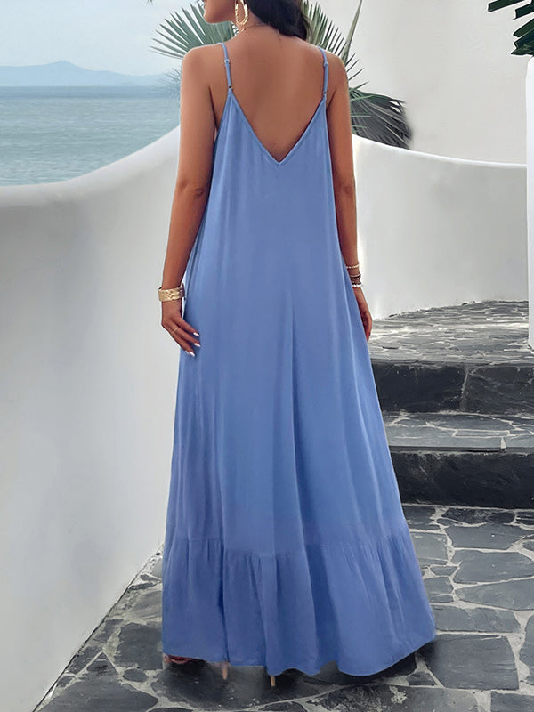 Loose Sleeveless Pleated Solid Color Split-Joint Spaghetti-Neck Maxi Dresses