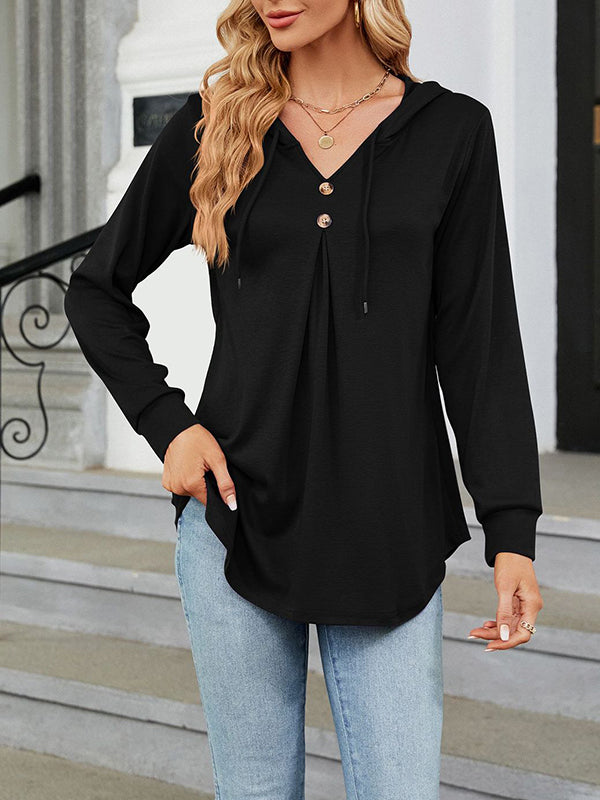 Long Sleeves Loose Buttoned Drawstring Hooded Solid Color V-Neck T-Shirts Tops