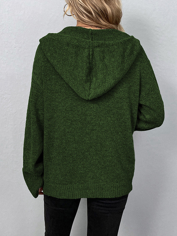 Wrap Buttoned Hooded Solid Color Cardigan