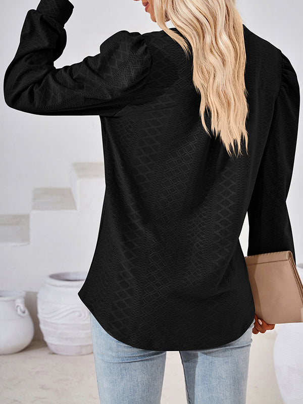 Long Sleeves Loose Jacquard Solid Color V-neck T-Shirts Tops