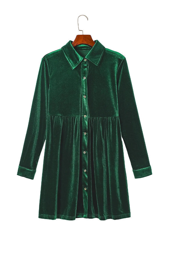 Green Long Sleeve Ruffle Velvet Button Up Shirt Dress