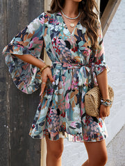 Flared Sleeves Half Sleeves Flower Print Ruffle Trim Split-Joint Tied Waist V-Neck Mini Dresses