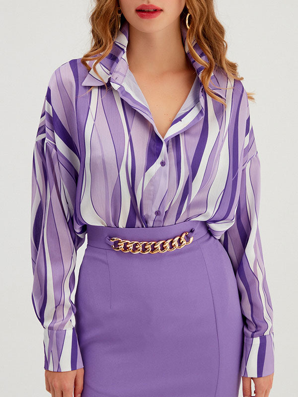 Long Sleeves Loose Contrast Color Striped Lapel Blouses