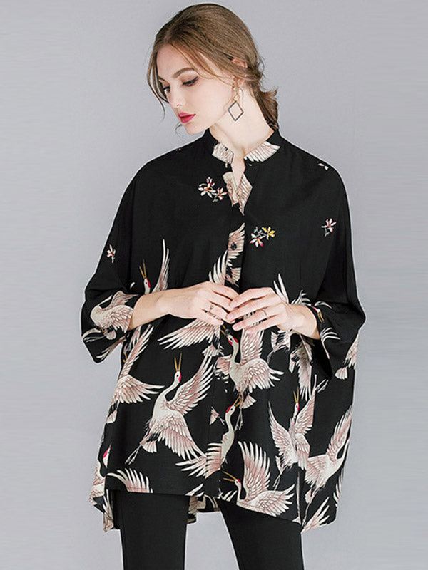 Original Crane Printed Buttoned Stand Collar Half Sleeves Blouse