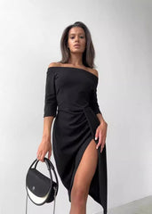 Elegant Off-Shoulder Slit Dress - Long Sleeve Waist Tie