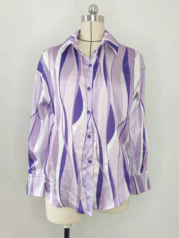 Long Sleeves Loose Contrast Color Striped Lapel Blouses