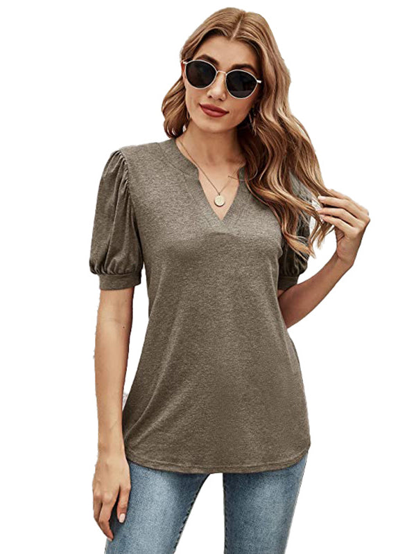 Simple Solid Color V-Neck Puff Sleeves T-Shirt Top