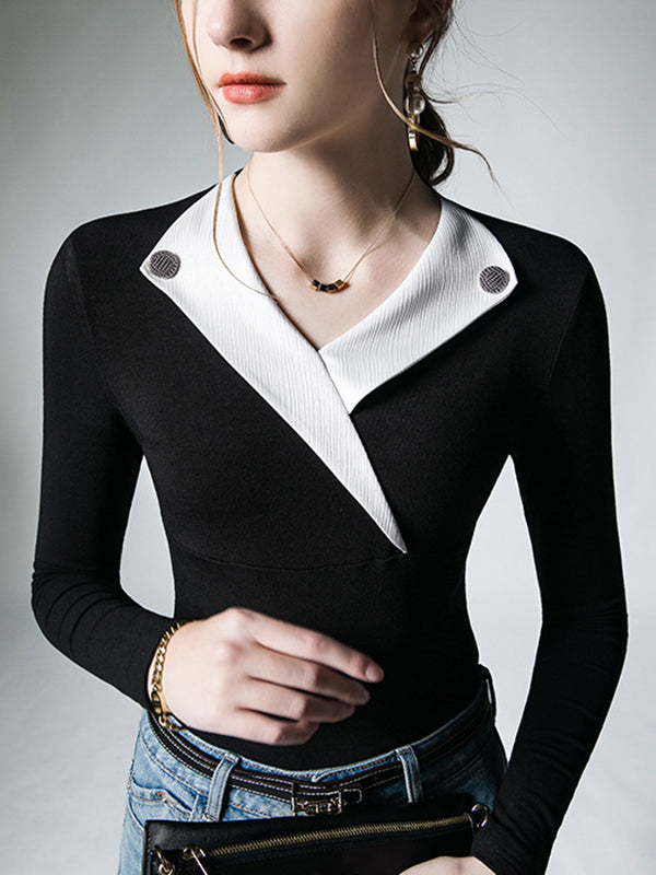 Long Sleeves Skinny Asymmetric Buttoned V-Neck T-Shirts Tops