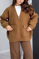 Solid Color Versatile V-Neck Pocket Sweater Jacket