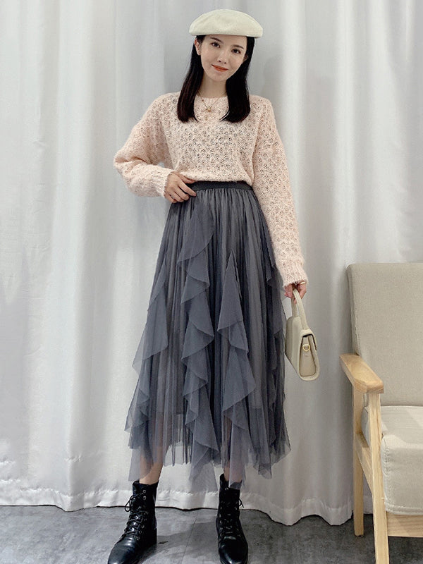 Original Stylish Mesh Split-Joint Pleated Elasticity Skirt