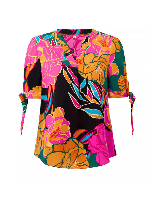 Loose Short Sleeves Flower Print Tied V-Neck Blouses&Shirts Tops