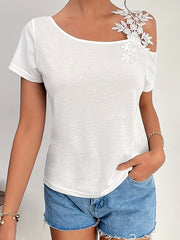 Loose Short Sleeves Asymmetric Flower Shape Solid Color Split-Joint Cold Shoulder T-Shirts Tops