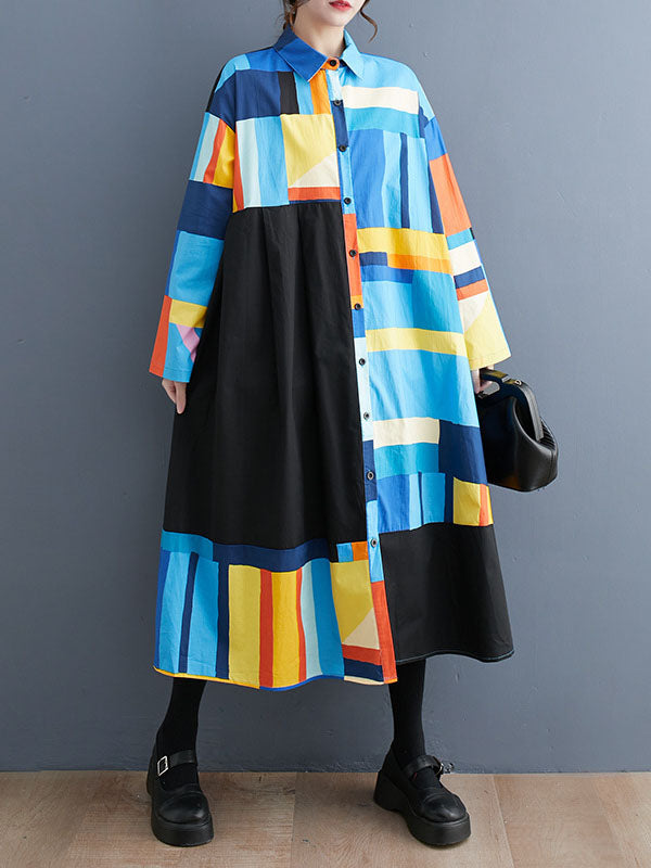 Long Sleeves Loose Color-Block Printed Split-Joint Lapel Midi Dresses