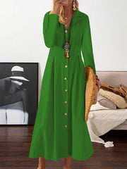 Long Sleeves Loose Pleated Lapel Midi Dresses Shirt Dress