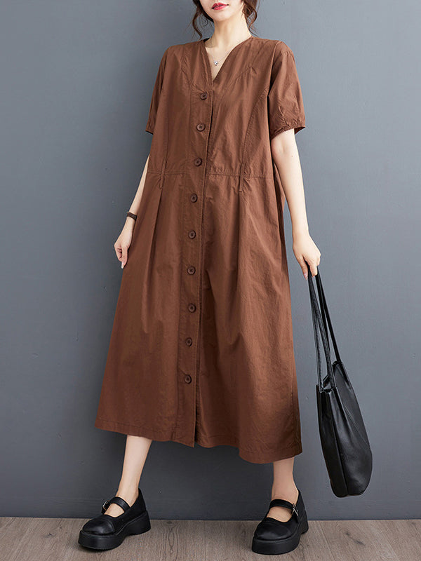 A-Line Loose Buttoned Pockets Solid Color V-Neck Midi Dresses