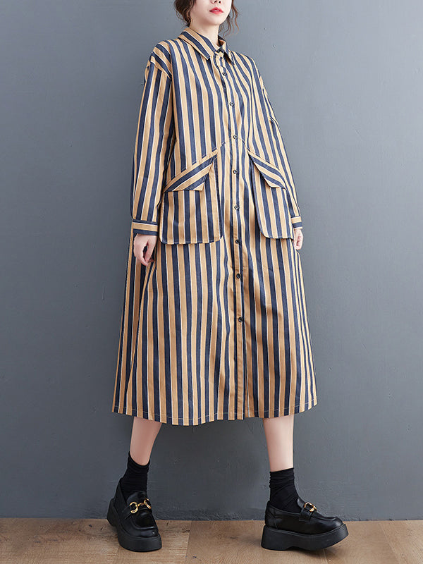 Original Loose Long Sleeves Buttoned Striped Lapel Collar Midi Shirt Dresses