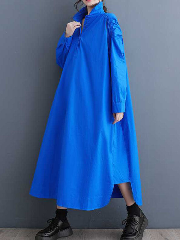 A-Line Long Sleeves Buttoned Hollow Pleated Pockets Solid Color Lapel Midi Dresses Shirt Dress