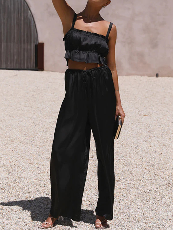 Elasticity Pleated Solid Color Spaghetti-Neck Tops + High Waisted Drawstring Pants Trousers Two Pieces Set