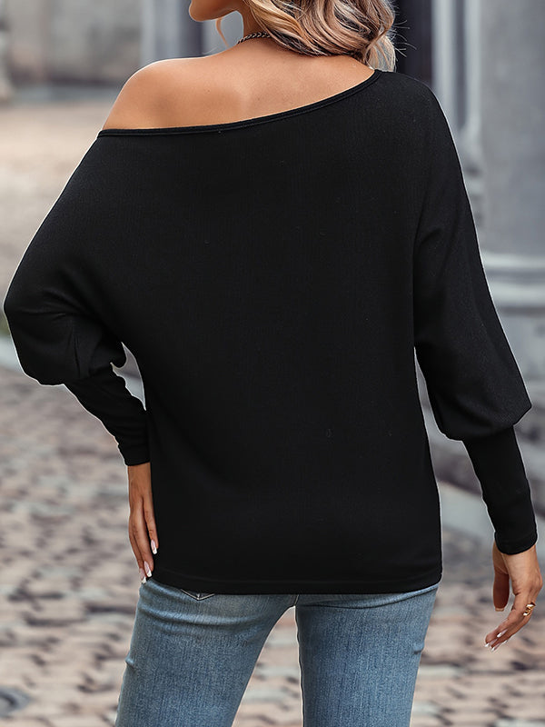 Long Sleeves Loose Asymmetric Beaded One-Shoulder T-Shirts Tops