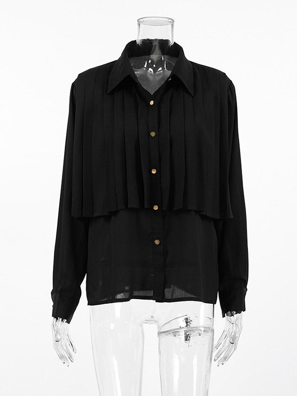 Long Sleeves Loose Pleated Split-Joint Lapel Blouses&Shirts Tops