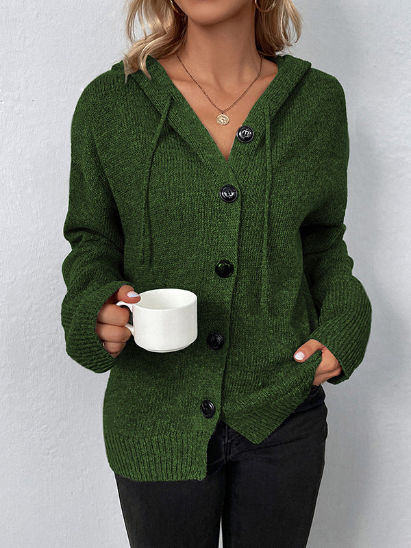 Wrap Buttoned Hooded Solid Color Cardigan