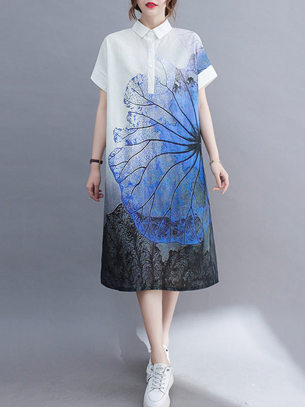 Artistic Retro Floral Printed Buttoned Lapel Collar Short Sleeves Midi Shirt Dress