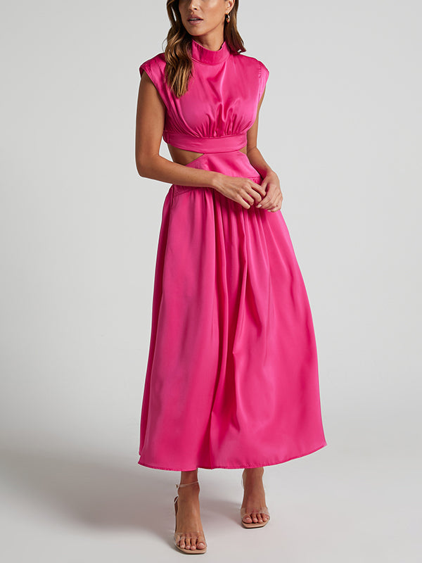 Cap Sleeve Belly-Hollow Pleated Solid Color Stand Collar Maxi Dresses