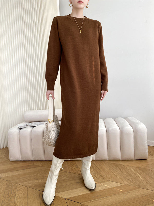 Urban Loose Long Sleeves Solid Color Round-Neck Sweater Dresses