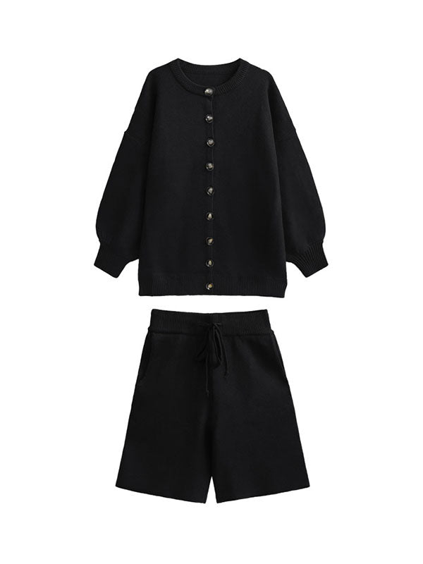 Long Sleeves Loose Buttoned Round-Neck Sweater Top + Drawstring Shorts Bottom Two Pieces Set