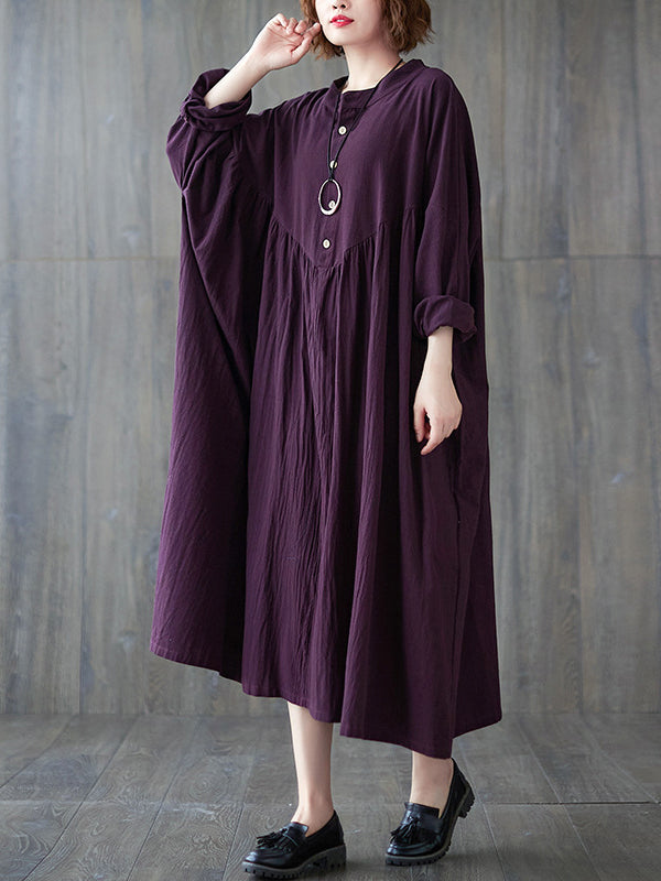 Loose Puff Sleeves Pleated Solid Color Stand Collar Midi Dresses