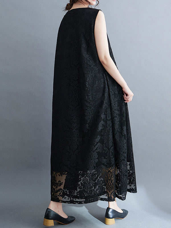 A-Line Loose Lacy See-Through Solid Color Split-Side Round-Neck Midi Dresses