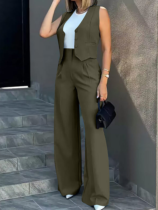 Solid Color Split-Joint Sleeveless Vest Jacket + High Waisted Pleated Suit Pants Trousers Two Pieces Set