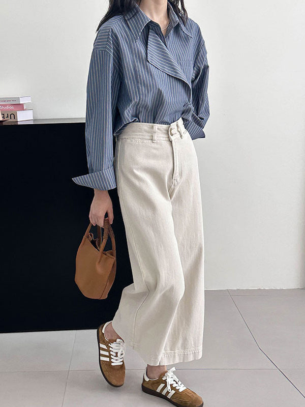 Long Sleeves Loose Asymmetric Split-Joint Striped Lapel Blouses