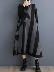 A-Line Long Sleeves Asymmetric Polka-Dot Split-Joint Striped Round-Neck Midi Dresses