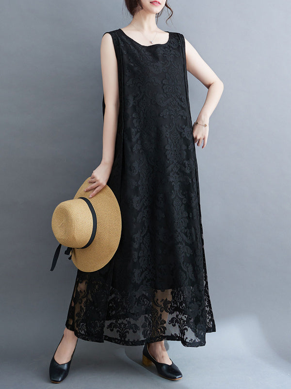 A-Line Loose Lacy See-Through Solid Color Split-Side Round-Neck Midi Dresses