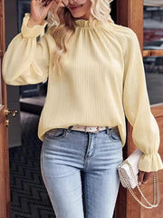 Flared Sleeves Long Sleeves Elasticity Pleated Solid Color Mock Neck Blouses&Shirts Tops