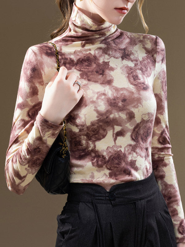 Long Sleeves Plus Size Flower Print Split-Joint High Neck T-Shirts