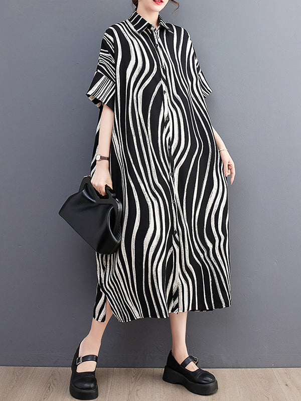 Raglan Sleeve Oversize Zebra-Stripe Split-Joint Lapel Midi Dresses Shirt Dress